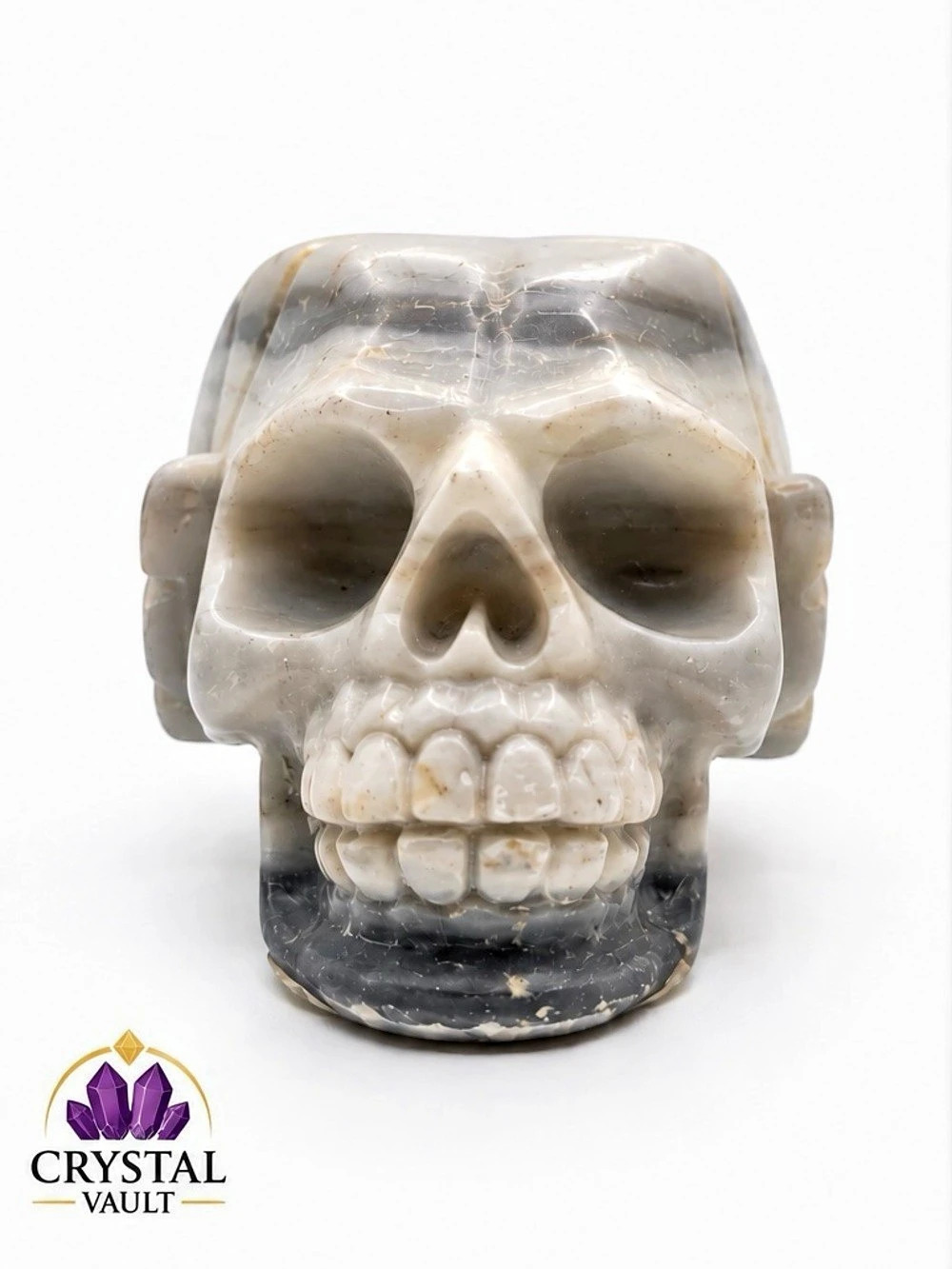 Banded Agate Crystal Skull Carving 2” Gray White Natural Stone 3.4 oz